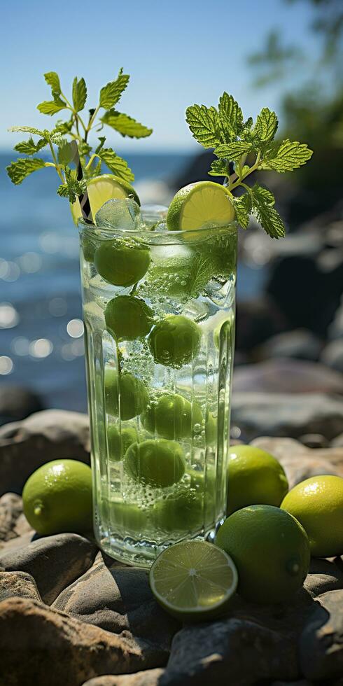 Stunning photo of cocktail mojito, a sunny summer beach in the background. Generative AI