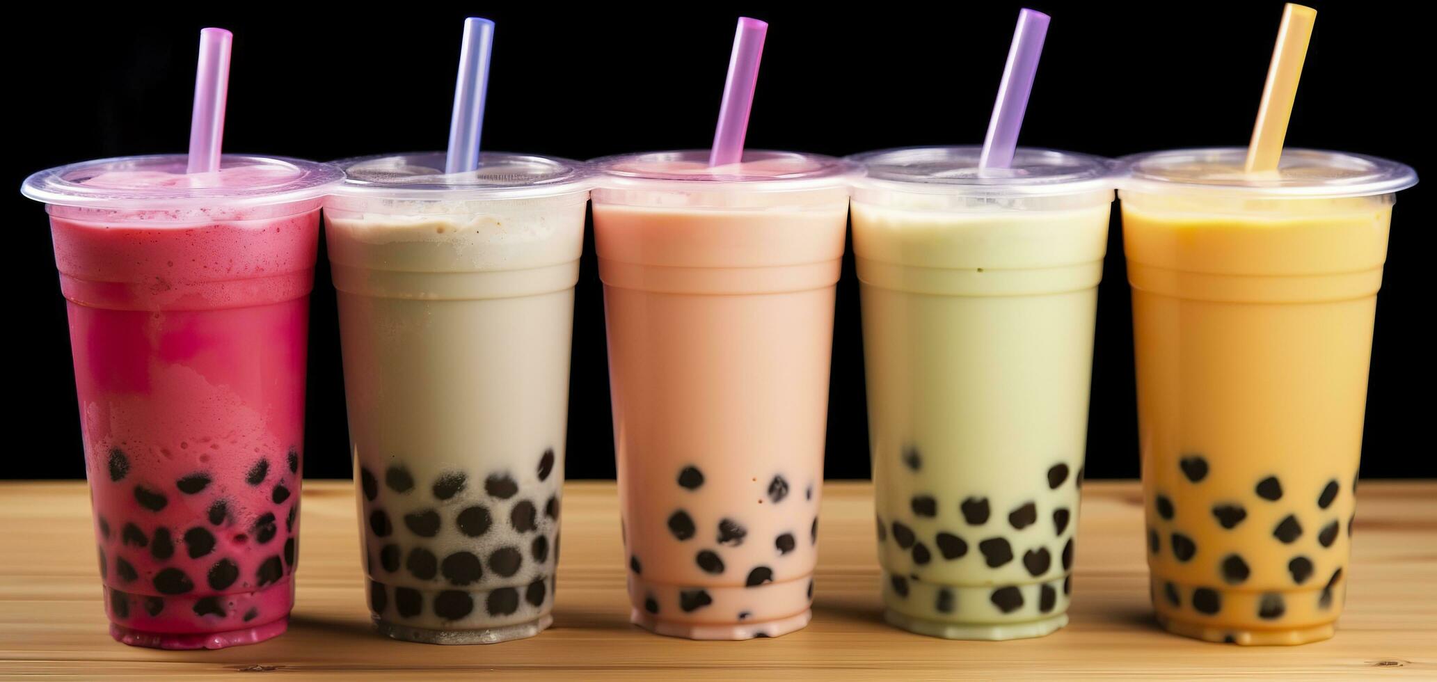 Plastic cups of different tasty bubble tea on wooden background. Generative AI photo