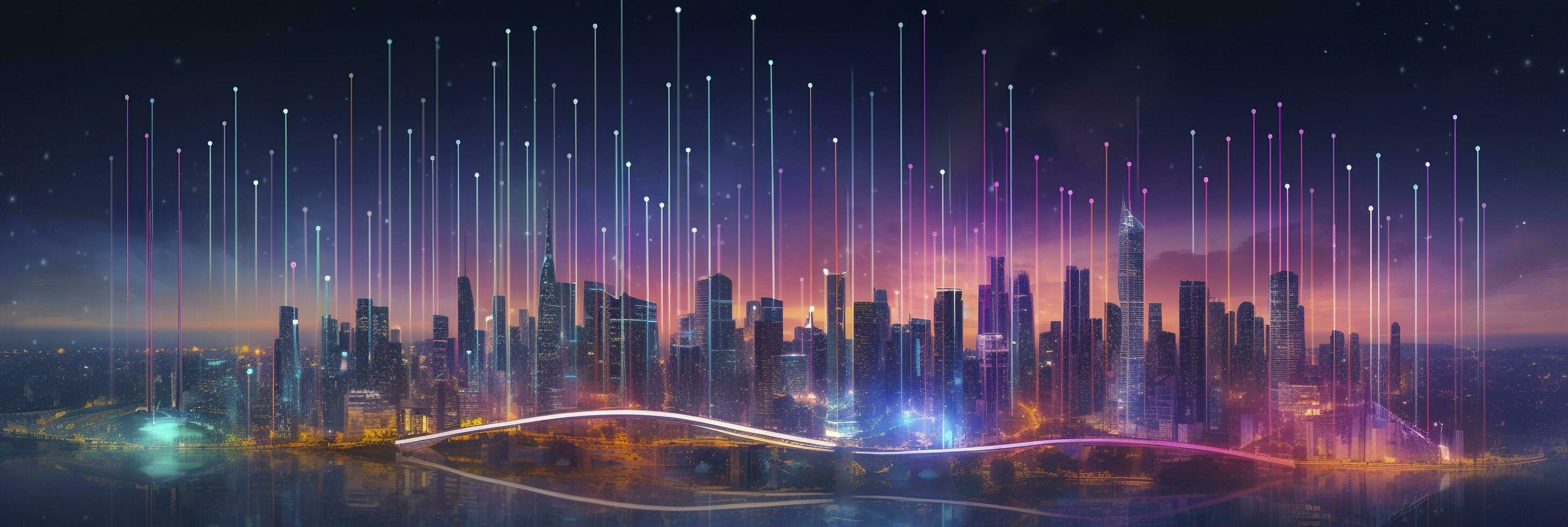 Smart city and abstract dot points connect with gradient lines and aesthetic Intricate wave line design, big data connection technology concept. AI Generated photo