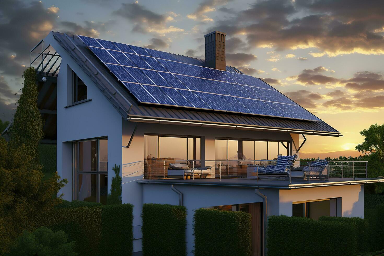 Modern house with blue solar panels on the roof. End of the day, sunset. AI Generated photo