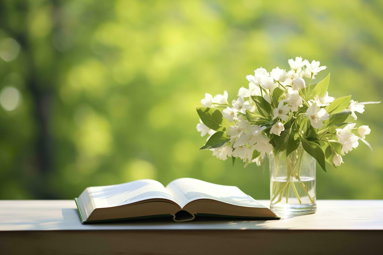 jazmín flores en un florero y abierto libro en el mesa, verde natural antecedentes. ai generado foto