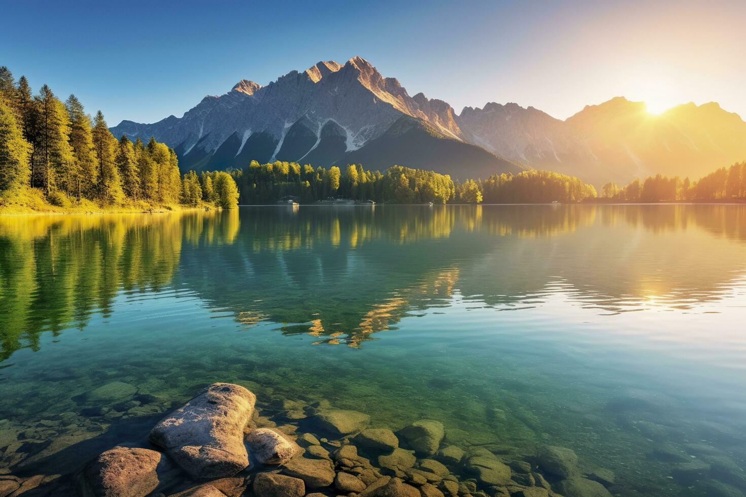 Impressive summer sunrise on Eibsee Lake with Zugspitze mountain range. AI Generated photo