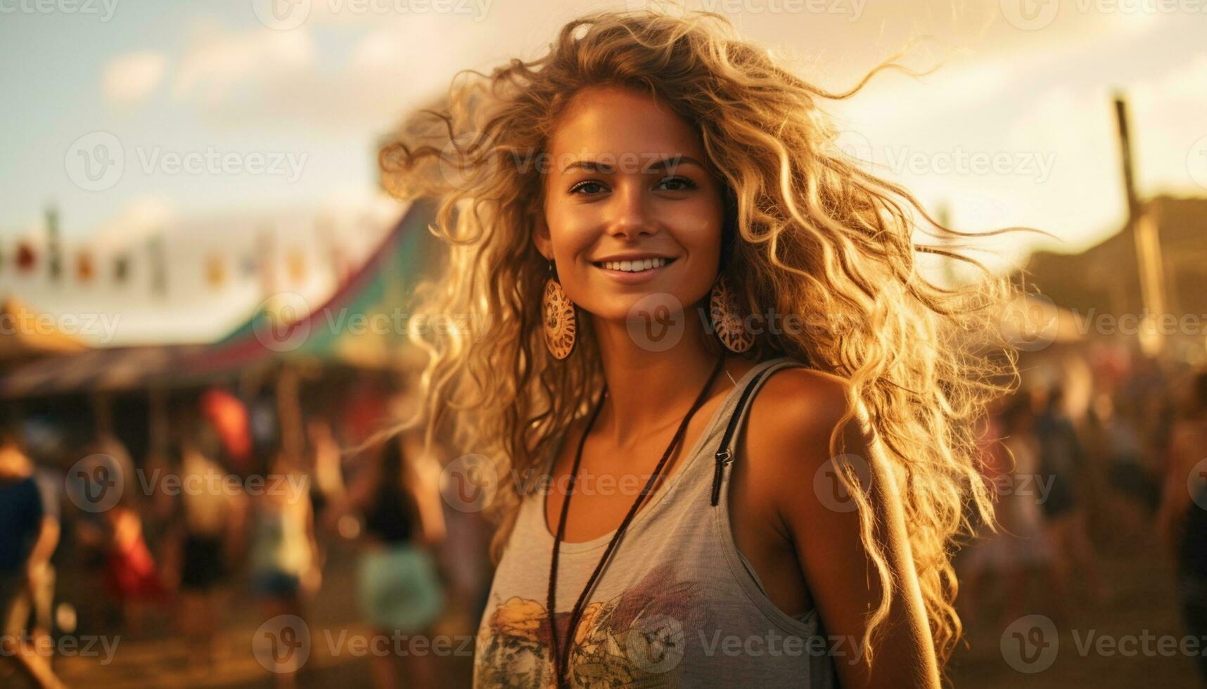 A lady laughs with joy and happiness as she relaxes on the beach at a summer party, surrounded by friends and family, with the sea breeze in her hair and the sun on her face. Generative Ai photo