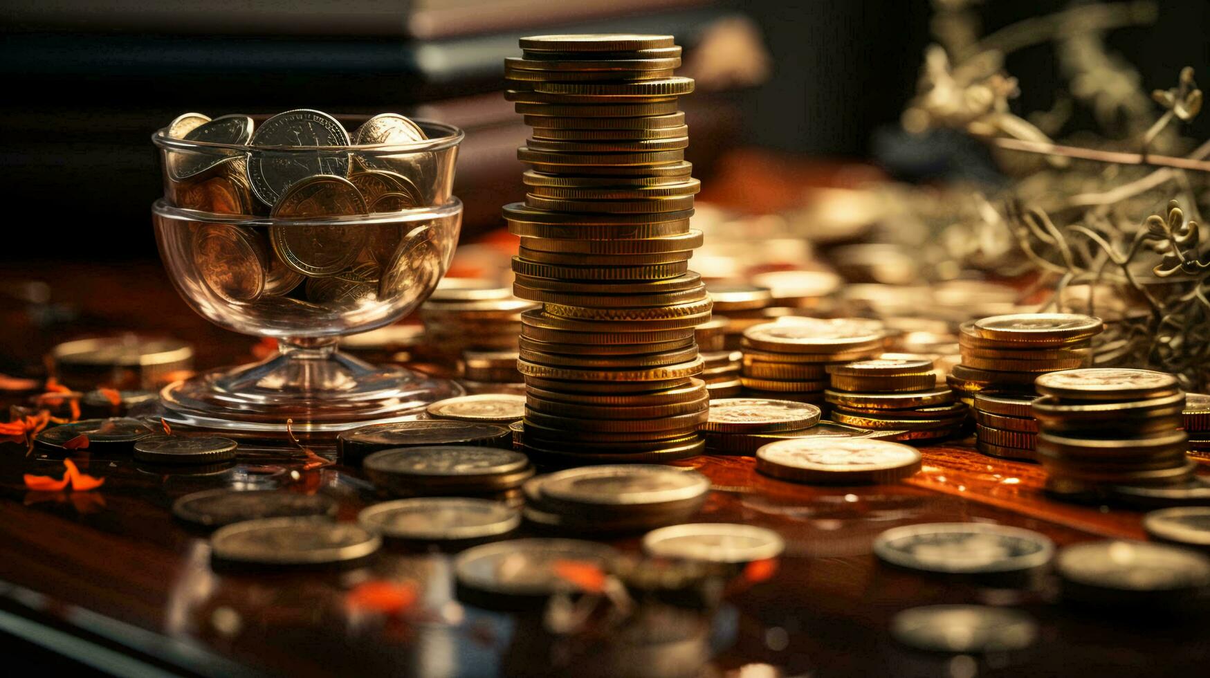 Lots of gold coins and money on the table, finance concept of credit and financial literacy of wealth accumulation photo