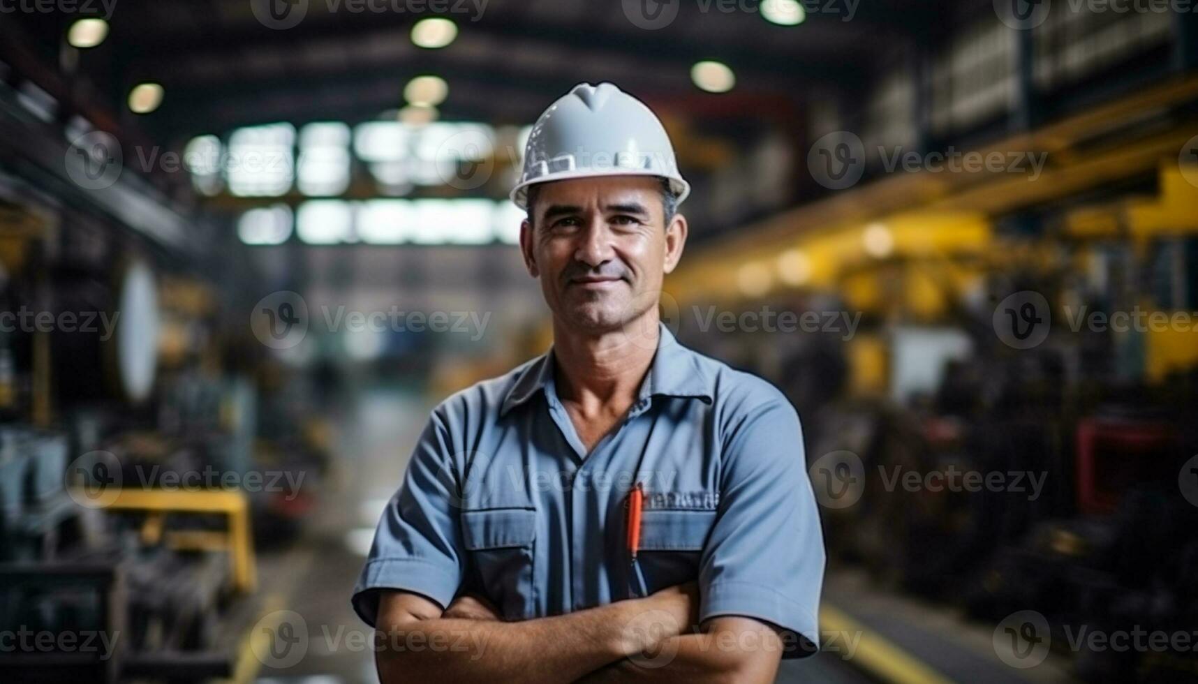A male industrial engineer wearing a safety helmet and other protective equipment works carefully in a manufacturing factory, ensuring the safety and efficiency of operations. Generative Ai. photo