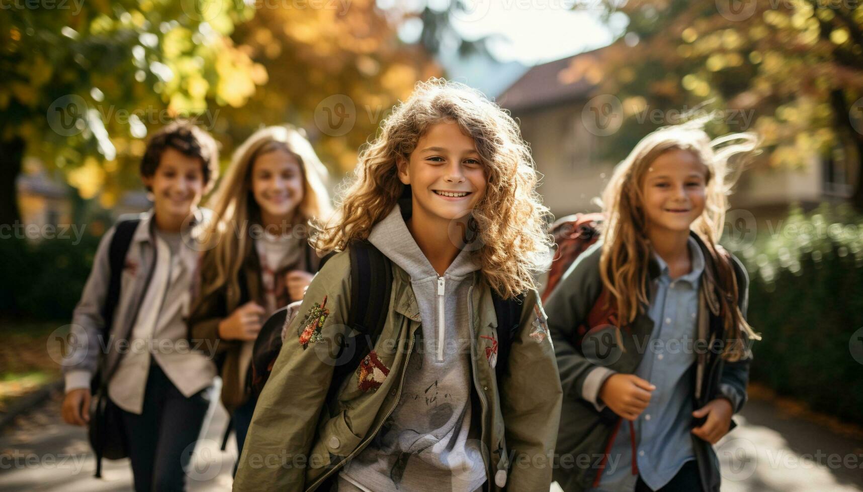 A group of happy young students, including a girl, and boy with a backpack, walk to school together, chatting and laughing as they enjoy their friendship and the excitement of learning. Generative Ai photo