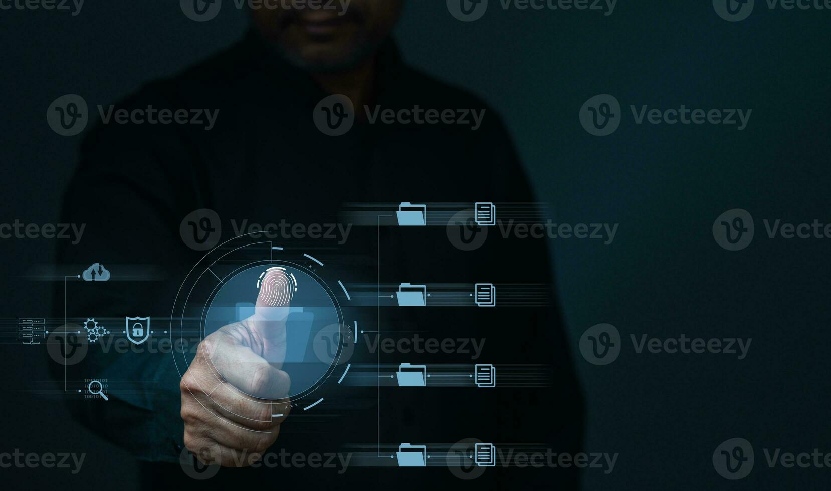 Businessman touch id to using technology with virtual screen. Process data and manage files on Internet efficiently. Online document database system and electronic document management system concept photo