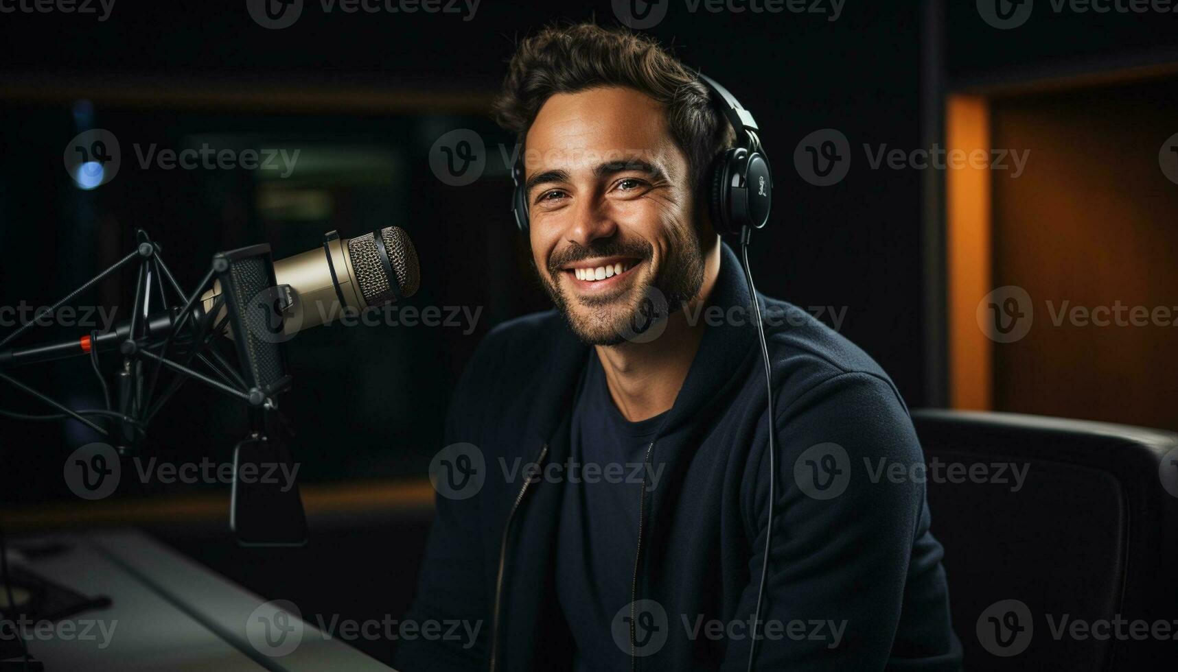Happy radio presenter speaking into a microphone in the studio, entertaining listeners with professional musical audio. Generative Ai photo