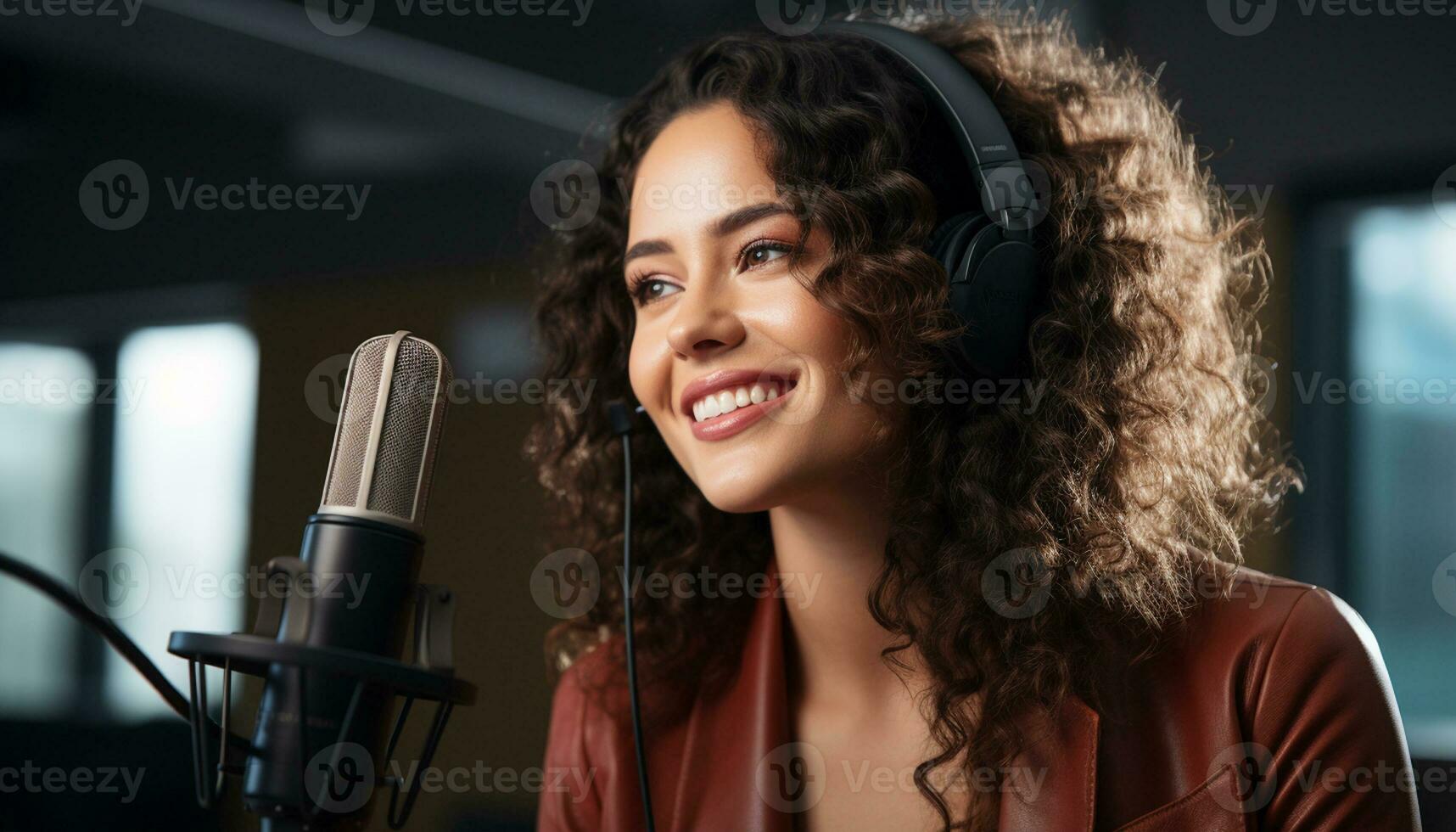Happy radio presenter speaking into a microphone in the studio, entertaining listeners with professional musical audio. Generative Ai photo