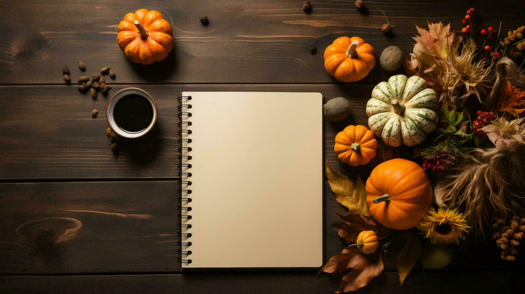 AI-Generated Orange pumpkins lie on a wooden table and a blank notepad with space for text for the holiday Halloween flat lay photo