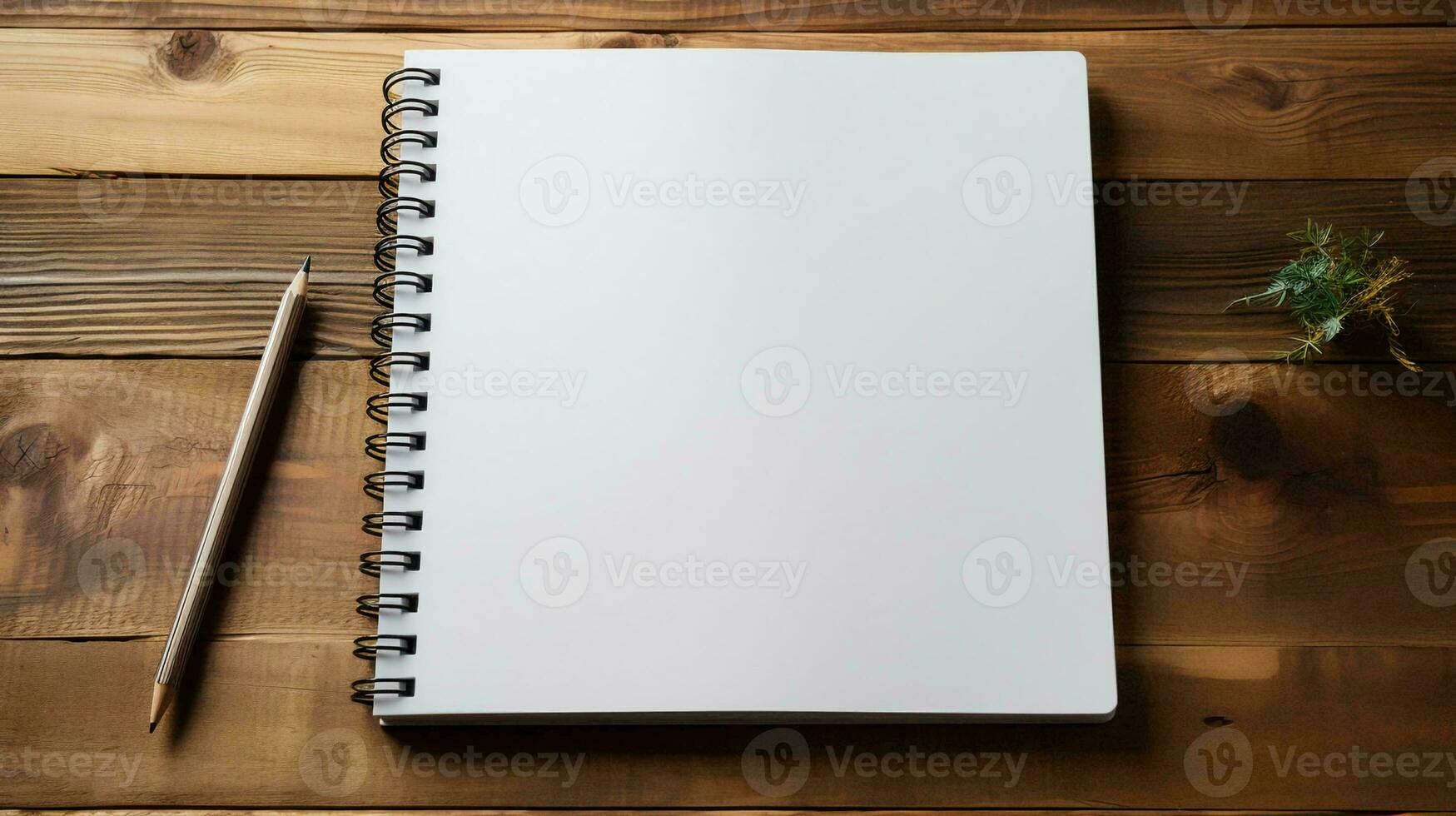 AI-Generated Blank notepad and pen lie on a wooden table, flat lay photo