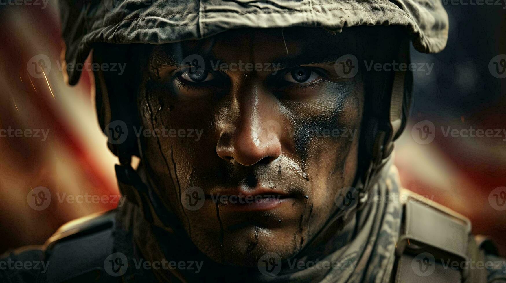 A man American soldier military marine stands against the background of the American flag as a symbol of independence. Face close-up photo