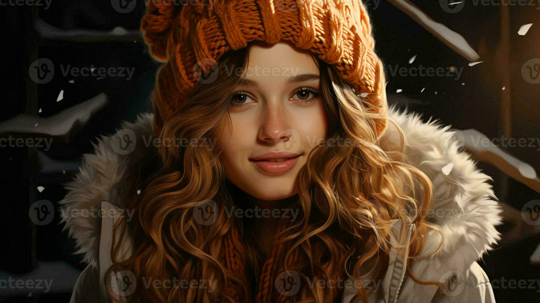 AI-Generated Beautiful young woman in a warm jacket and hat outdoors, Christmas New Year festive beautiful winter background photo