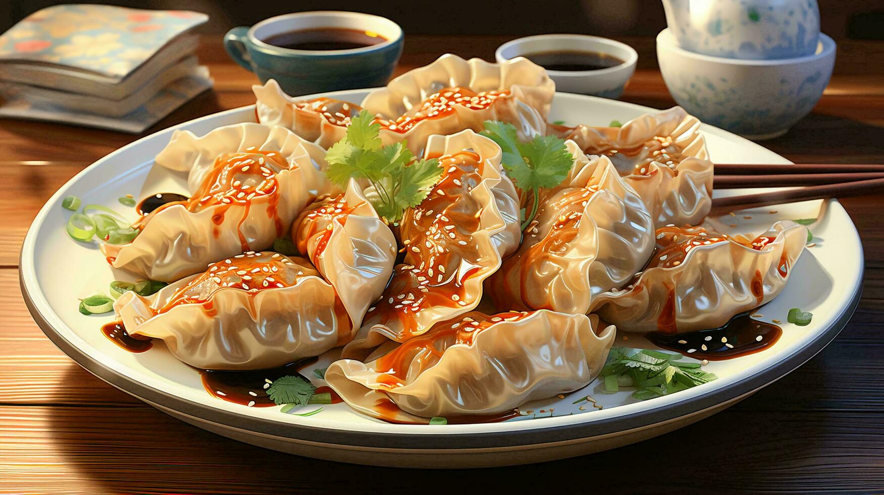 Delicious gyoza of Chinese Japanese and Korean cuisine, one of the types of dumplings on a plate photo