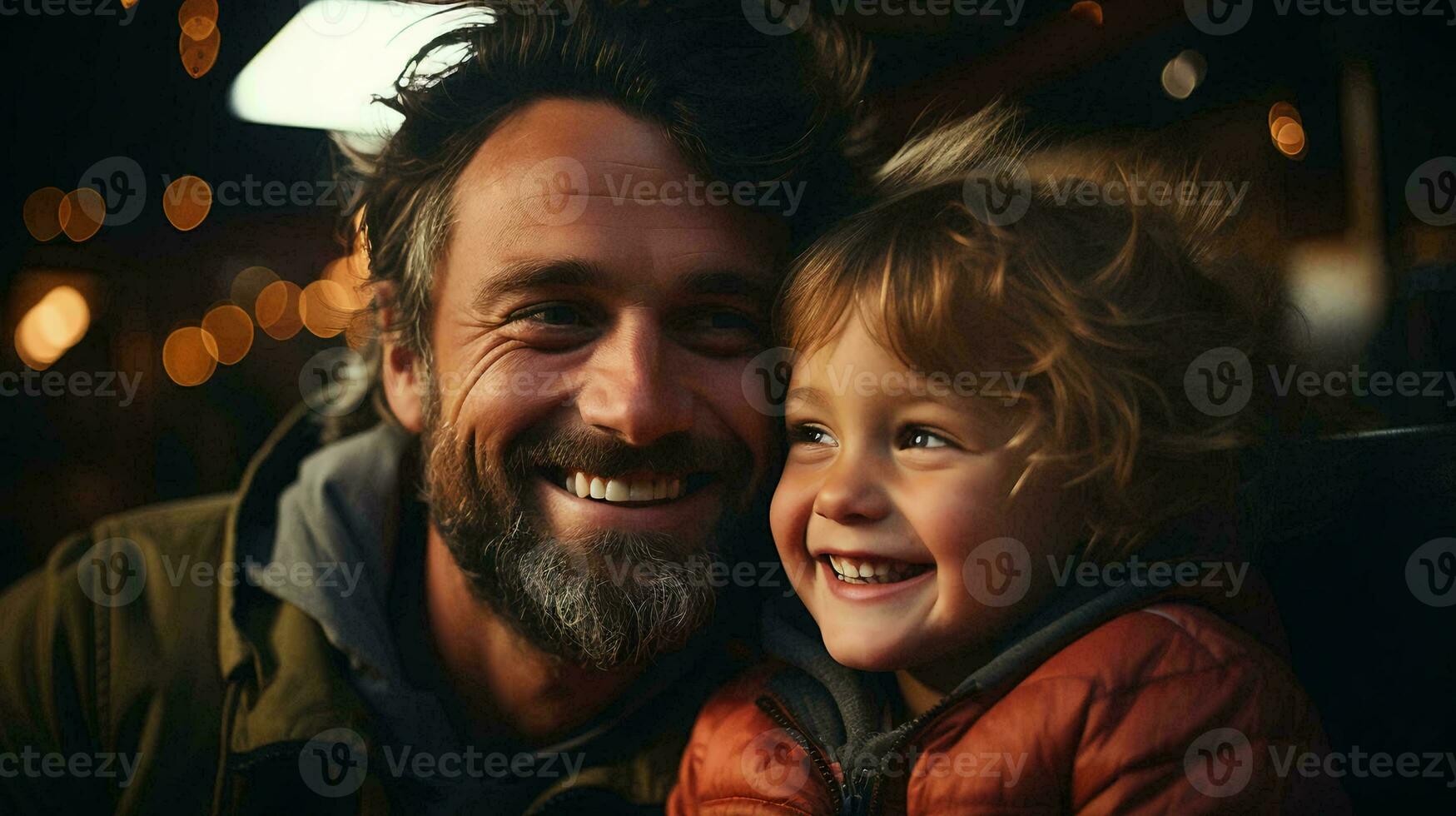 Father and son smile and laugh joyfully, father hugs his son, concept of fatherly love and education photo