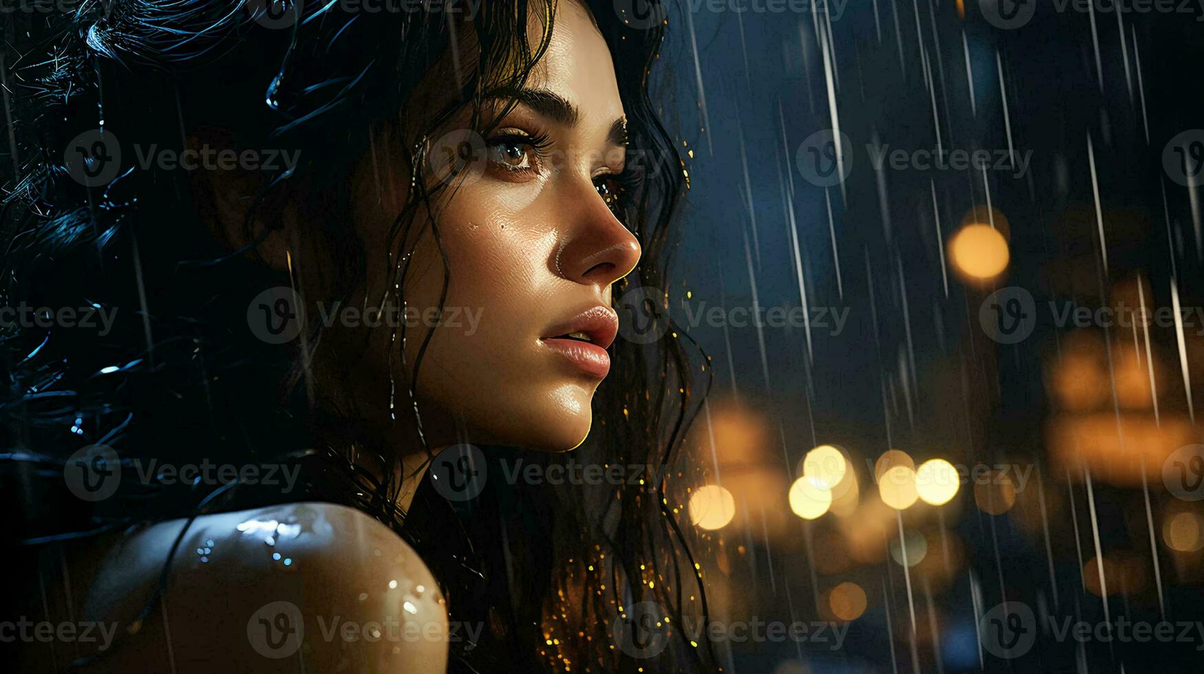 AI-Generated beautiful pensive woman looks out the window at night during the rain and drops flow down the glass. Face of a sad girl close-up photo