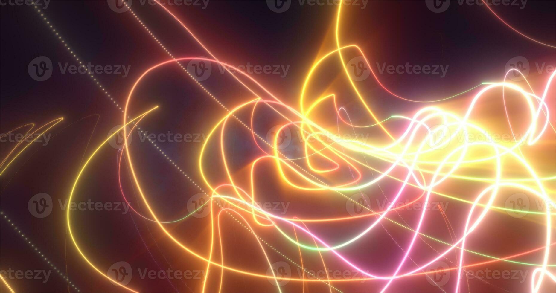 Abstract yellow glowing neon energy laser lines flying on a black background photo