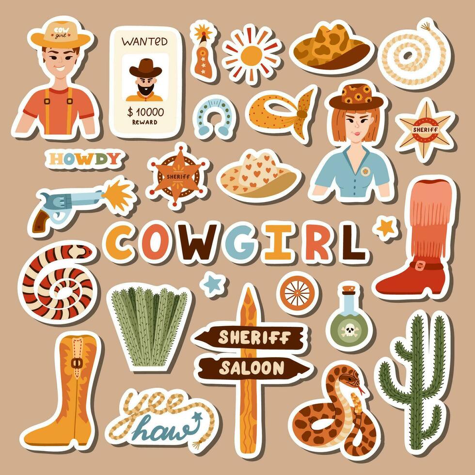 Big set of stickers with cowgirl illustrations for planners, notebooks. Ready for print list of cute stickers. Hand drawn simple vector doodles with symbols of Texas, Wild West, cowboy and cow girl