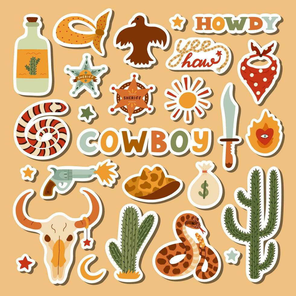 Big set of stickers with illustrations on Wild West and cowboy theme for planners, notebooks. Ready for print list of cute stickers. Hand drawn simple vector doodles with symbols of Texas, cowgirl