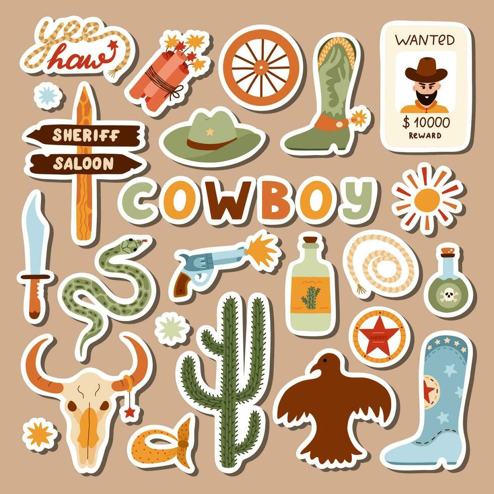 Big set of stickers with illustrations on Wild West and cowboy theme for planners, notebooks. Ready for print list of cute stickers. Hand drawn simple vector doodles with symbols of Texas, cowgirl