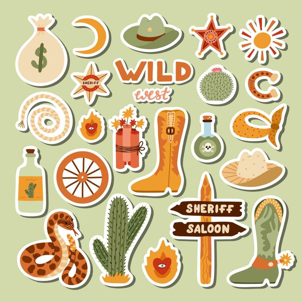 grande conjunto de pegatinas con ilustraciones en salvaje Oeste y vaquero tema para planificadores, cuadernos Listo para impresión lista de linda pegatinas mano dibujado sencillo vector garabatos con símbolos de Texas, vaquera