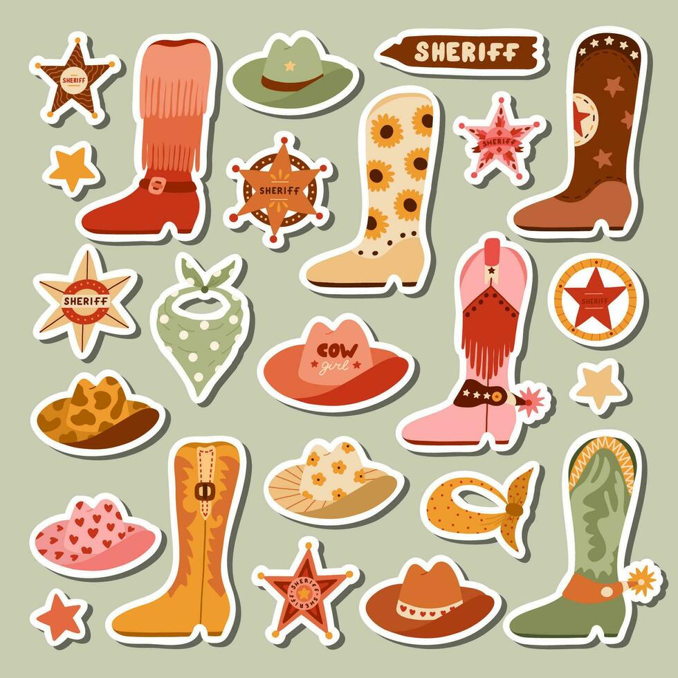 Big set of stickers with illustrations on Wild West and cowboy theme for planners, notebooks. Ready for print list of cute stickers. Hand drawn simple vector doodles with symbols of Texas, cowgirl