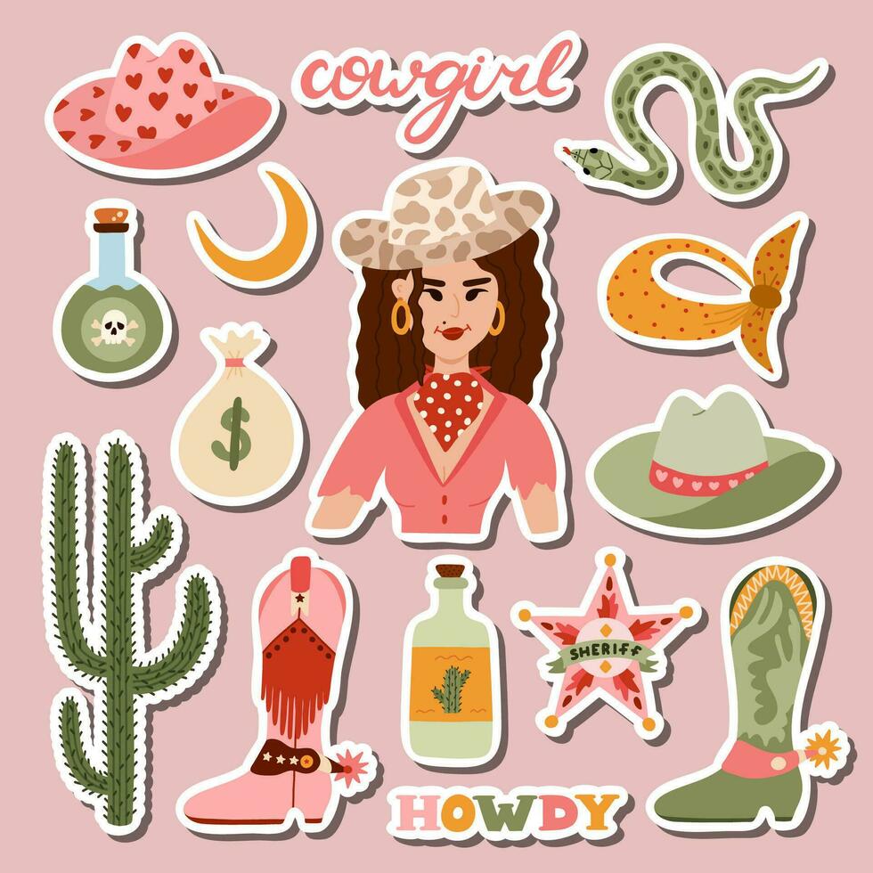 Big set of stickers with cowgirl illustrations for planners, notebooks. Ready for print list of cute stickers. Hand drawn simple vector doodles with symbols of Texas, Wild West, cowboy and cow girl