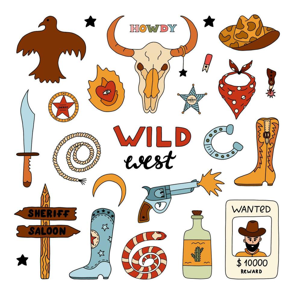 Wild West and cowboy set in colorful doodle style with hand drawn outline. Vector illustration with western boots, hat, snake, cactus, bull skull, sheriff badge. Cowboy theme with symbols of Texas.