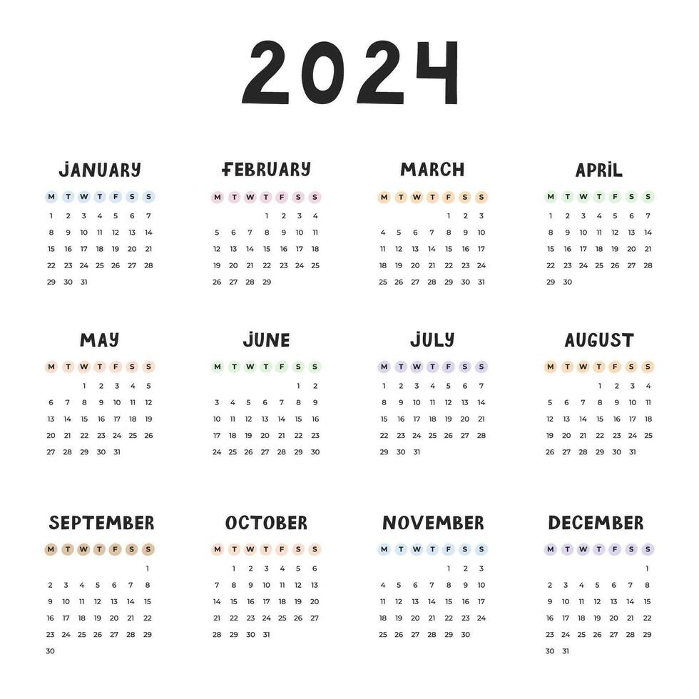 linda mínimo calendario modelo para 2024 año con semanas empieza en lunes. calendario cuadrícula con miedoso fuente para niños guardería, corporativo oficina, papelería. vertical mensual calandrar diseño para planificación vector