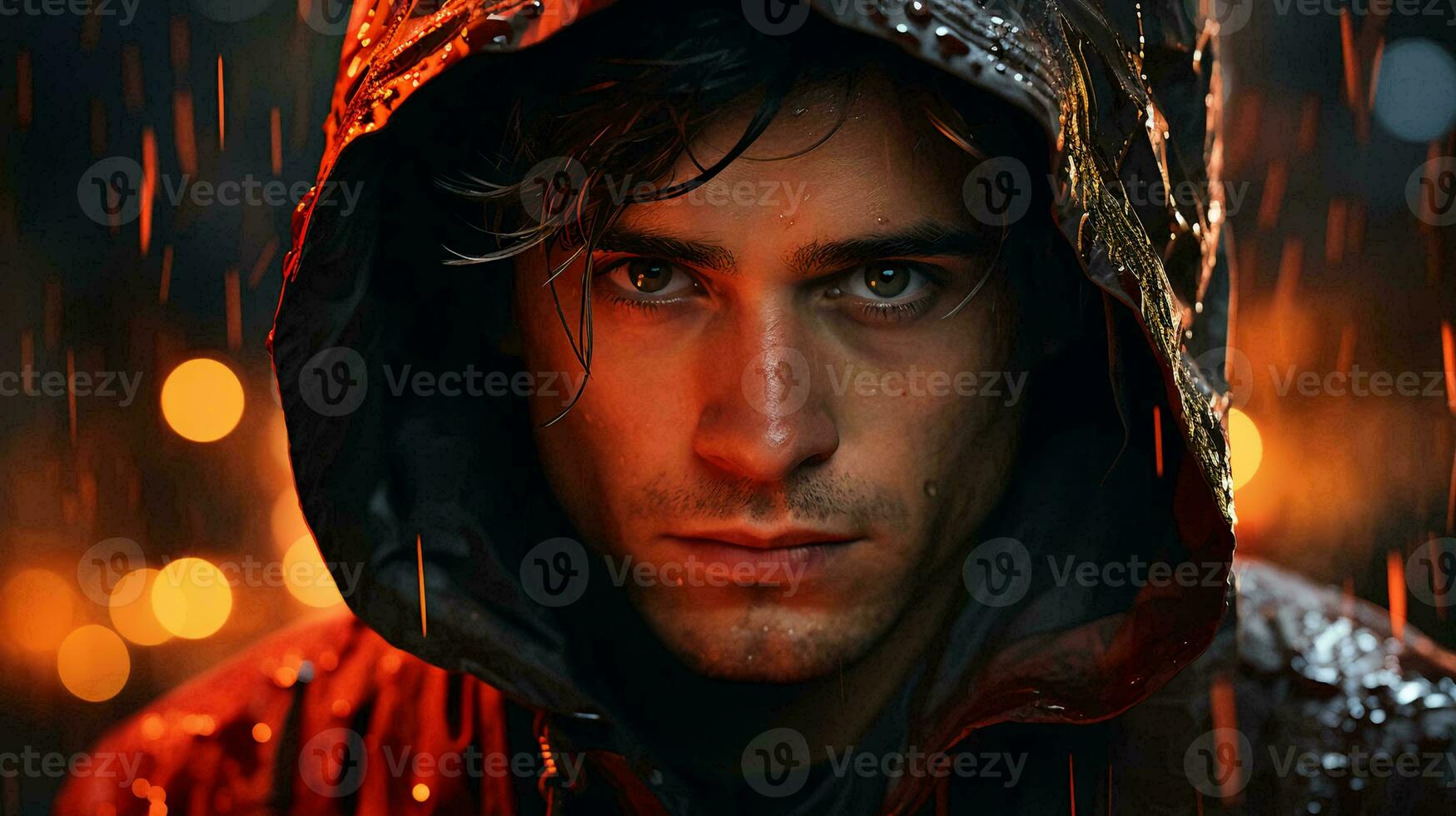 AI-Generated young man in a hood in the evening in the rain, close-up of his face photo