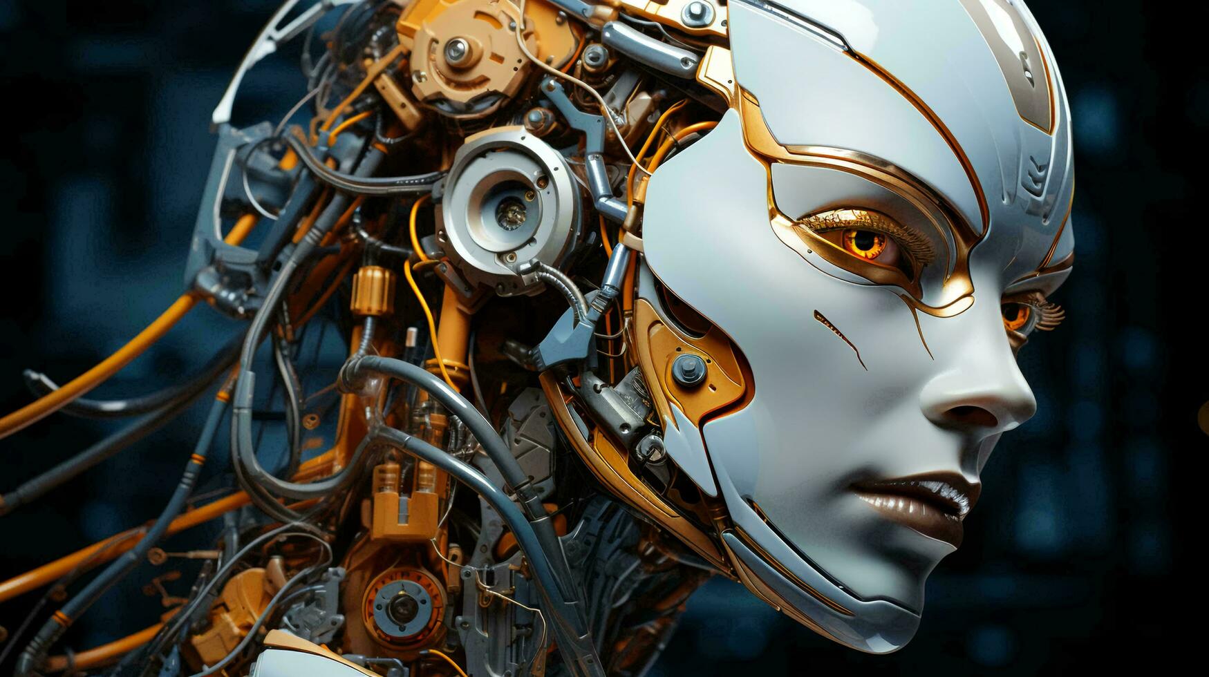 AI-Generated Beautiful cyborg robot woman futuristic high-tech mixture of human and computer. Synergy between humanity and artificial intelligence in the future photo