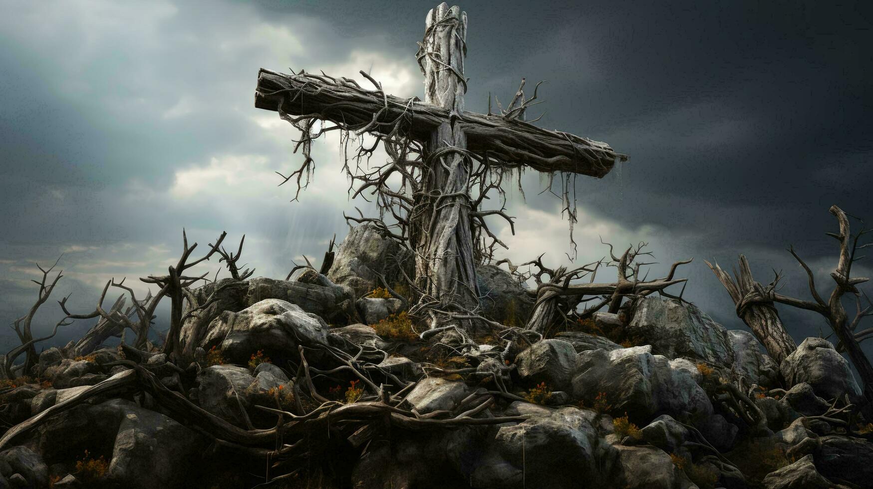 AI-Generated Creepy wooden Christian cross with crucifix photo