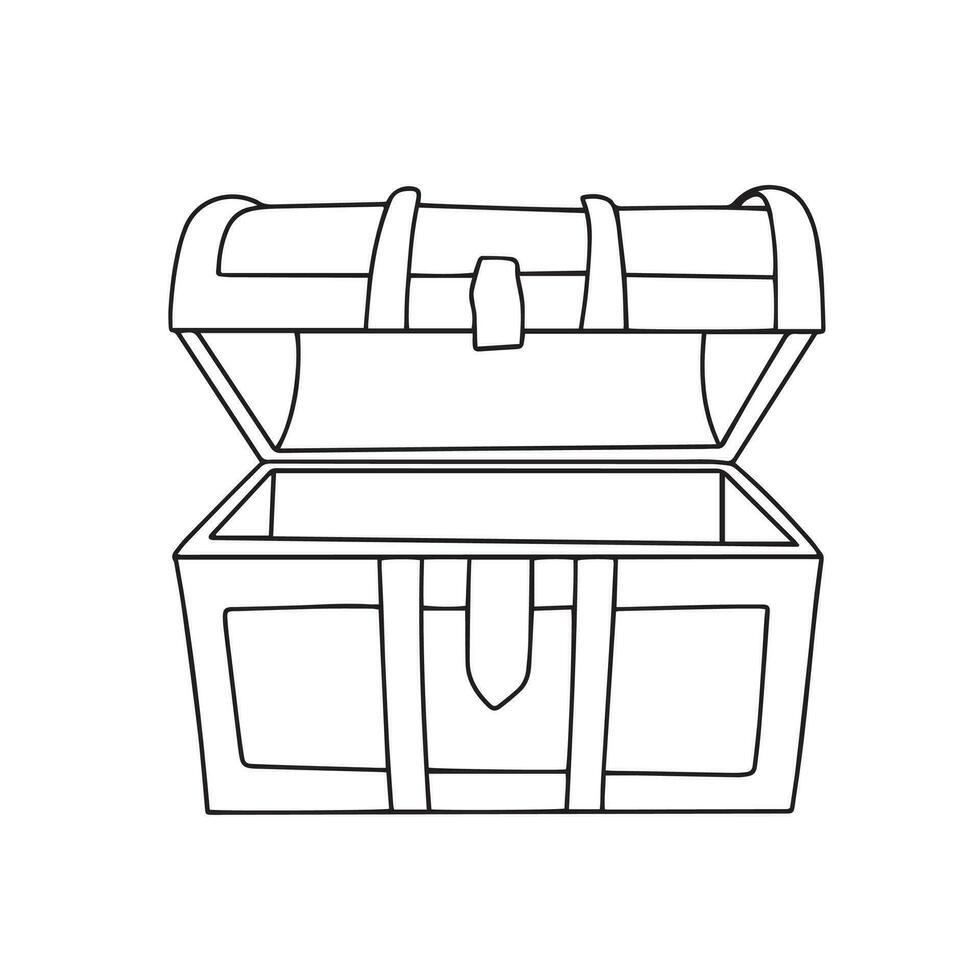 Doodle chest empty. Hand drawn outline treasure chest open. Vector illustration.