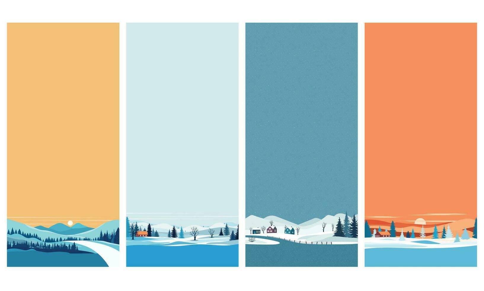 Set of winter background for phone. Winter background for stories. Winter landscape vertical collection. Vector illustration.