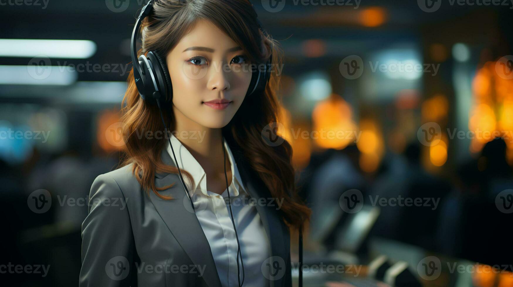 Beautiful woman in headphones with microphone in call center in office photo