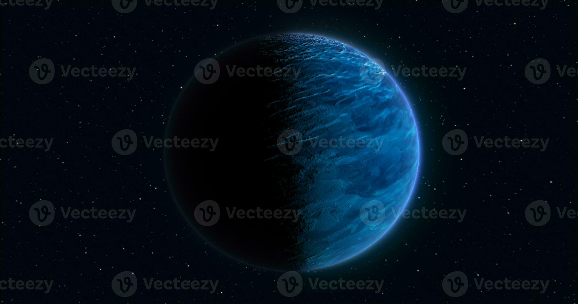 Abstract realistic space spinning planet round sphere with a blue water surface in space against the background of stars photo