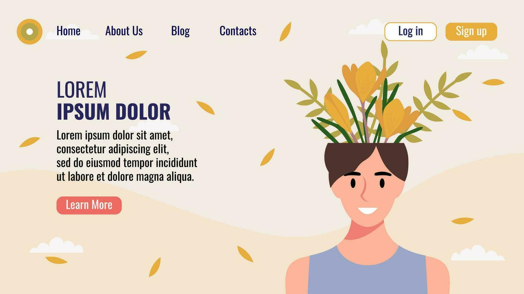 plano diseño sitio web aterrizaje página modelo con un retrato de un mujer con un ramo de flores de flores mental salud concepto. vector ilustración.