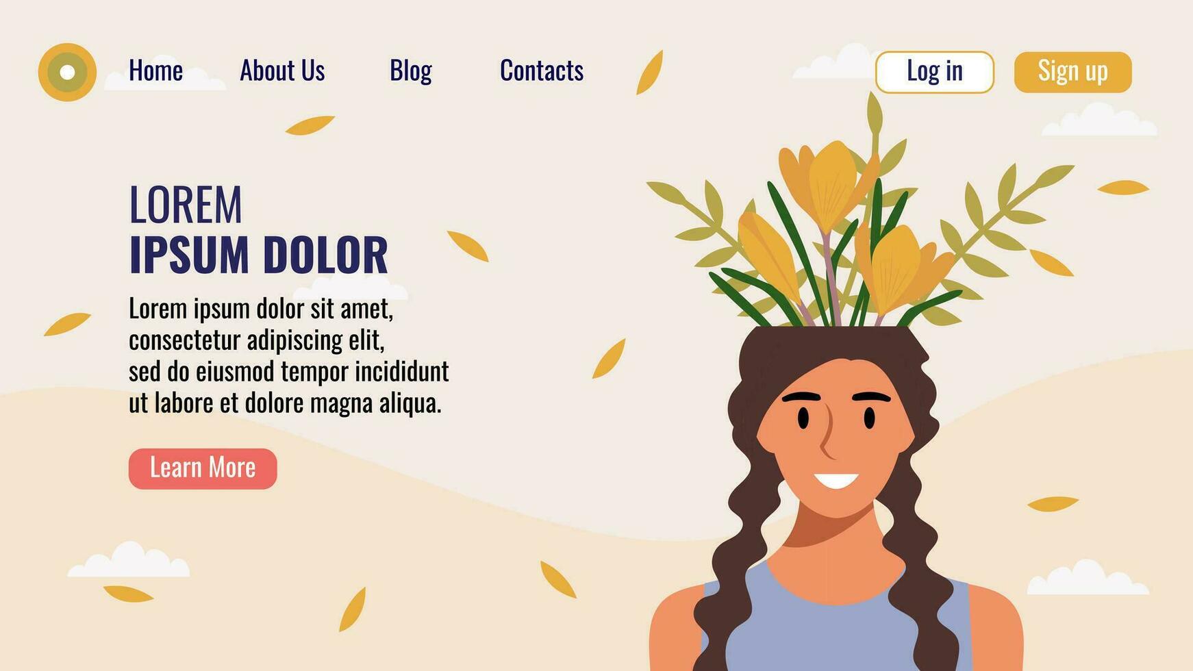 plano diseño sitio web aterrizaje página modelo con un retrato de un mujer con un ramo de flores de flores mental salud concepto. vector ilustración.