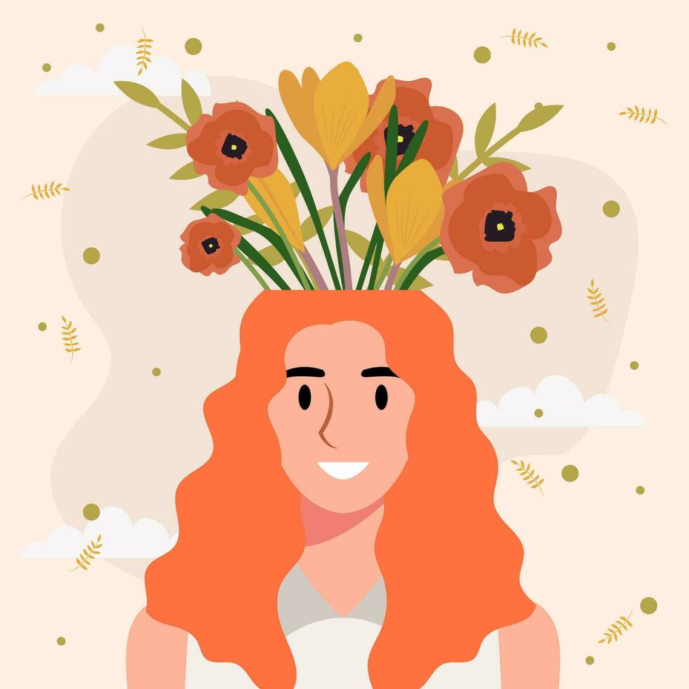 plano diseño vector ilustración concepto de mujer con flores en su cabeza.