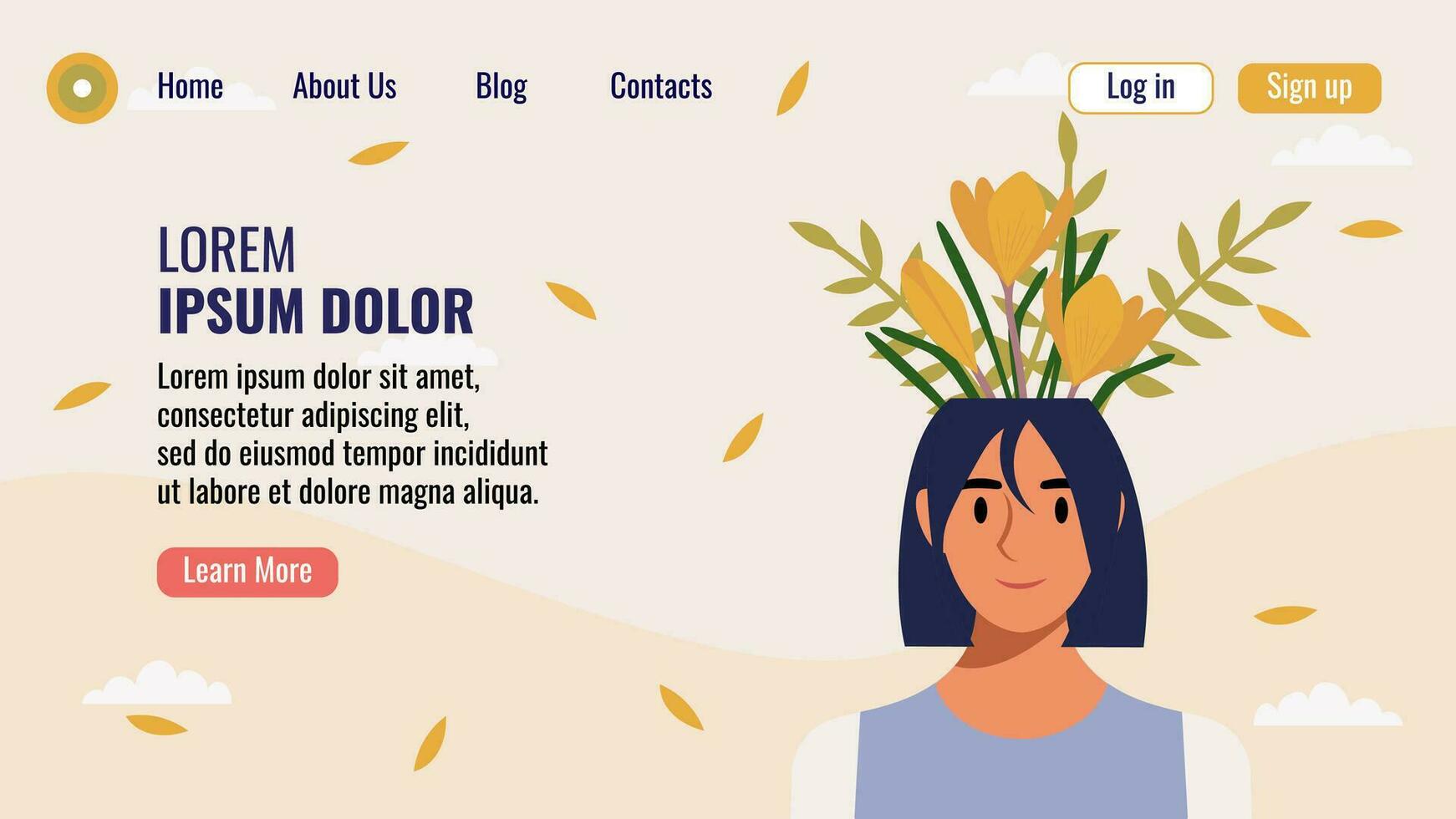 Flat design website landing page template with a portrait of a woman with a bouquet of flowers. Mental health concept. Vector illustration.