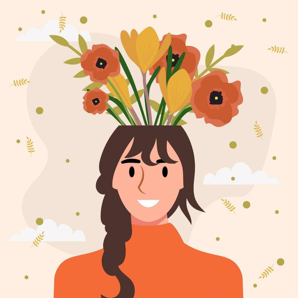 plano diseño vector ilustración concepto de mujer con flores en su cabeza.