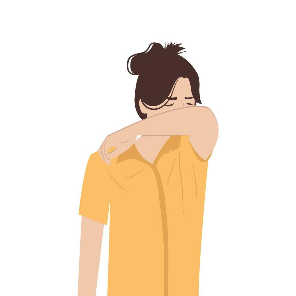 Woman character sneezing and coughing right on arm and elbow. Prevention against viruses and infections. Vector illustration in flat style