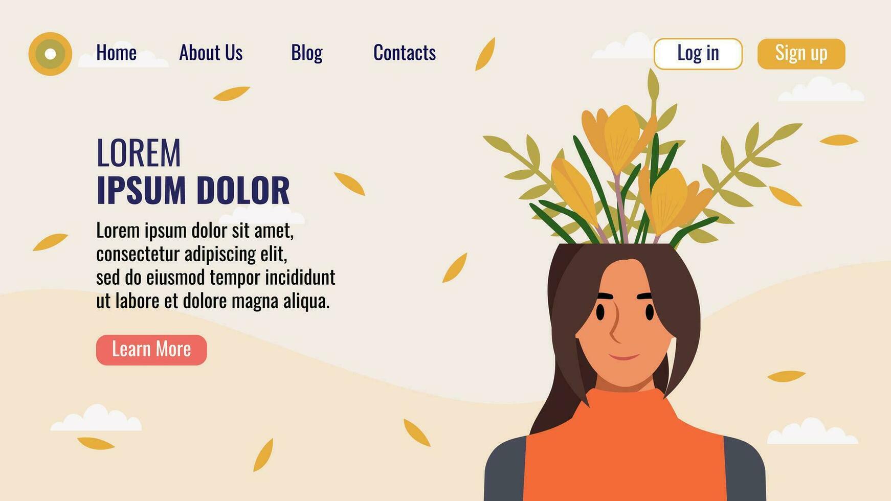 plano diseño sitio web aterrizaje página modelo con un retrato de un mujer con un ramo de flores de flores mental salud concepto. vector ilustración.