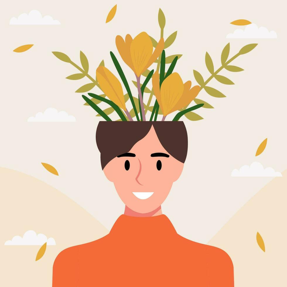 Flat design vector illustration concept of woman with flowers in her head.