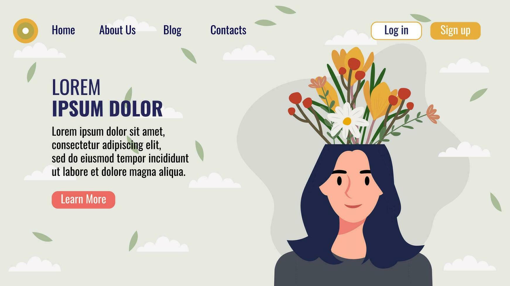 plano diseño sitio web aterrizaje página modelo con un retrato de un mujer con un ramo de flores de flores mental salud concepto. vector ilustración.