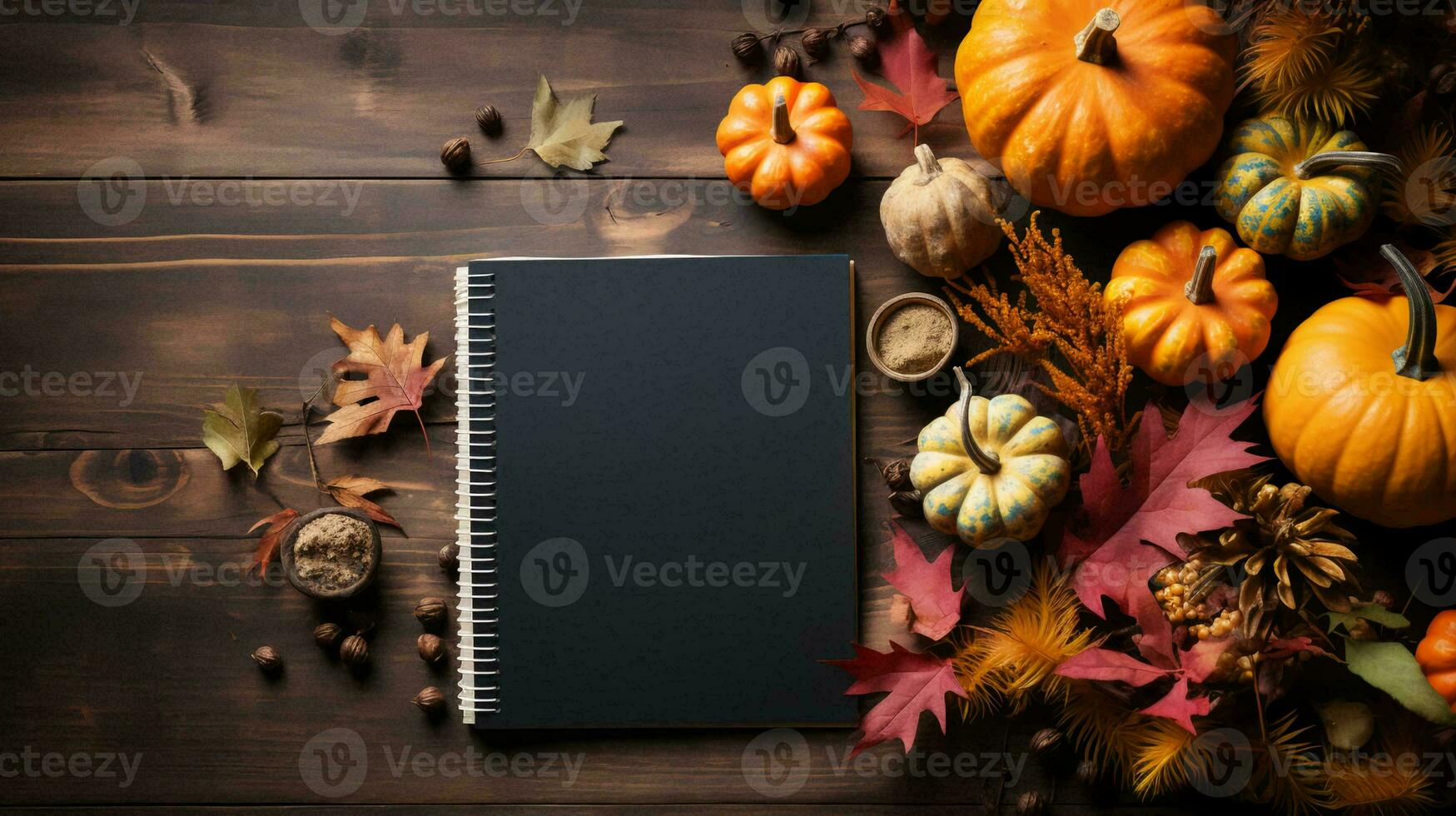 AI-Generated Orange pumpkins lie on a wooden table and a blank notepad with space for text for the holiday Halloween flat lay photo