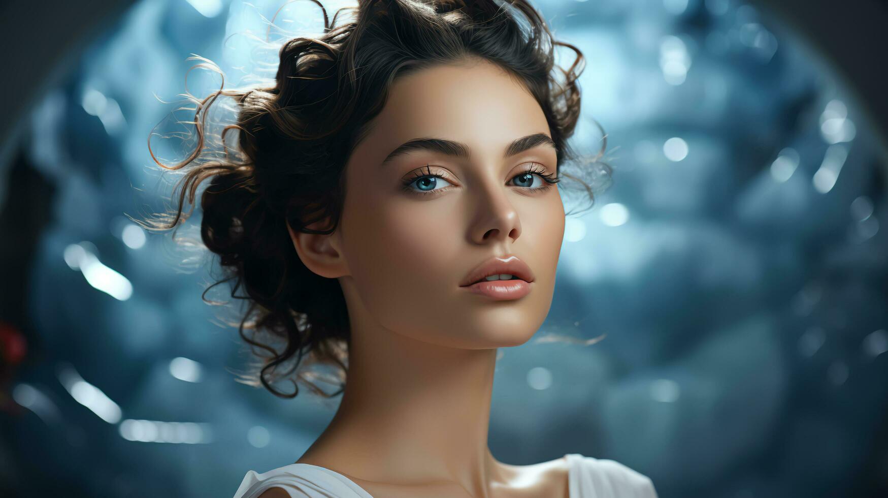 AI-Generated Beautiful woman looking at the camera, blurred background, close-up face photo