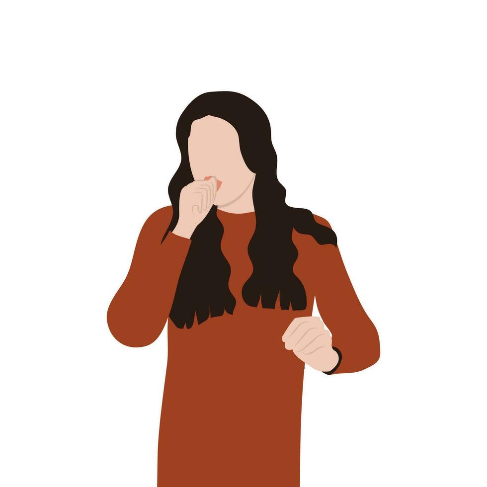 Female character sneezing and coughing in wrong position. Prevention against viruses and infections. Vector illustration in flat style