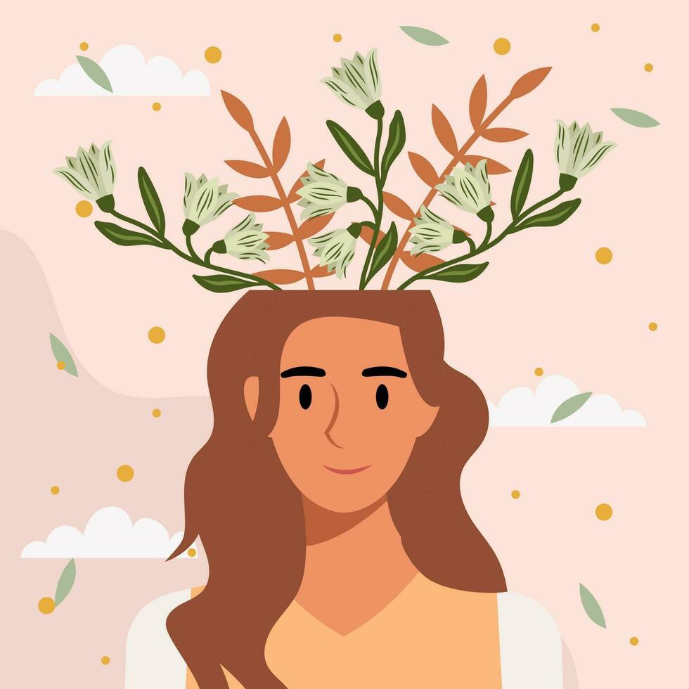 plano diseño vector ilustración concepto de mujer con flores en su cabeza.