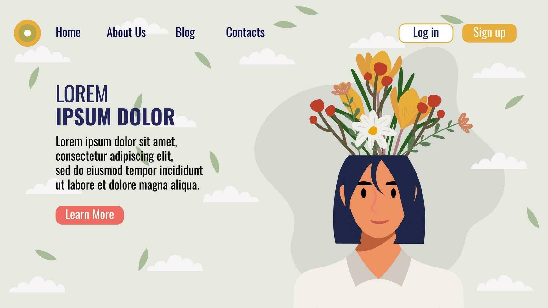 plano diseño sitio web aterrizaje página modelo con un retrato de un mujer con un ramo de flores de flores mental salud concepto. vector ilustración.